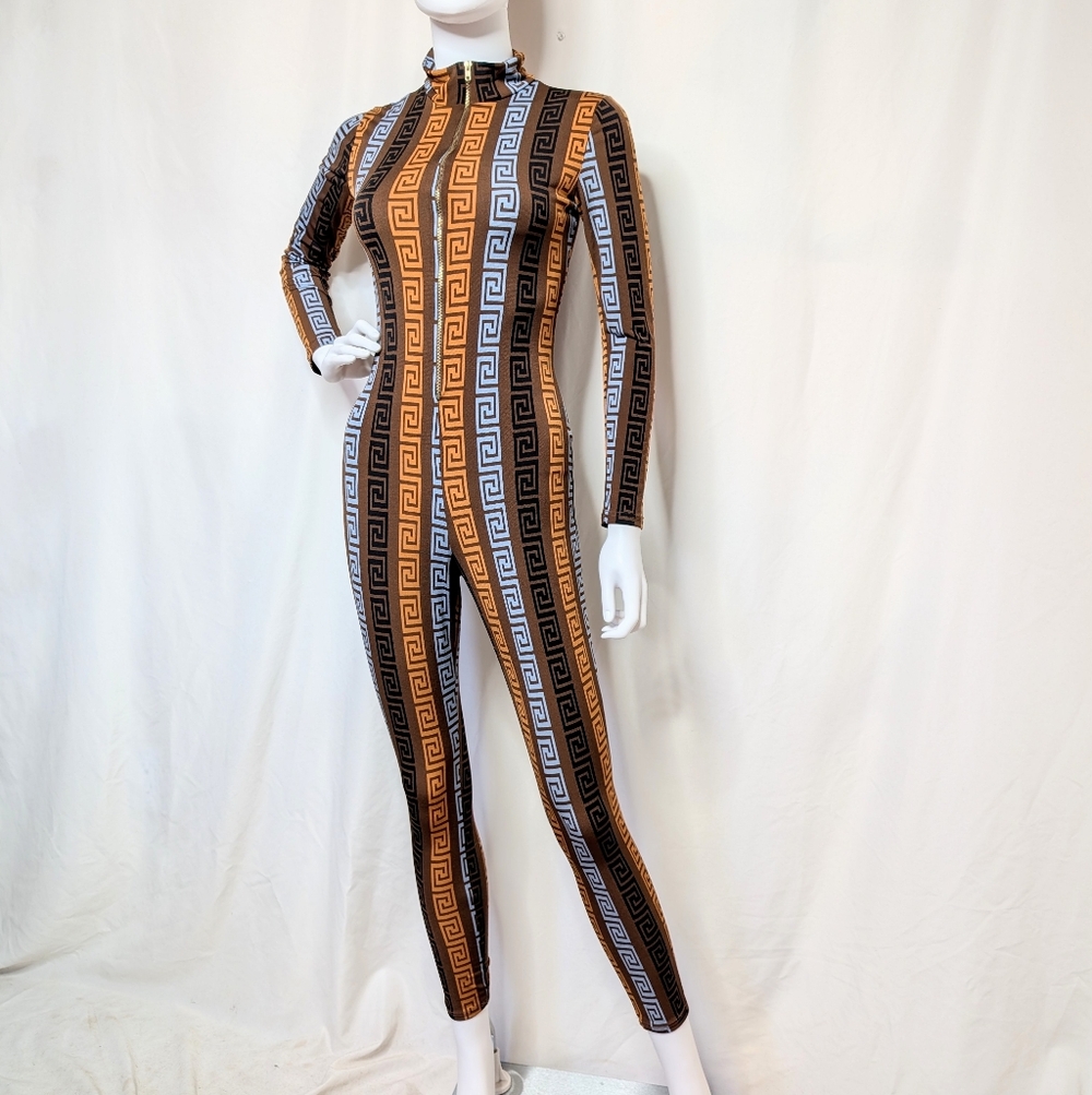 Greek Key Pattern Brown & Light Blue Half Zip Mock Neck Long Sleeve Jumpsuit - Picture 4 of 11